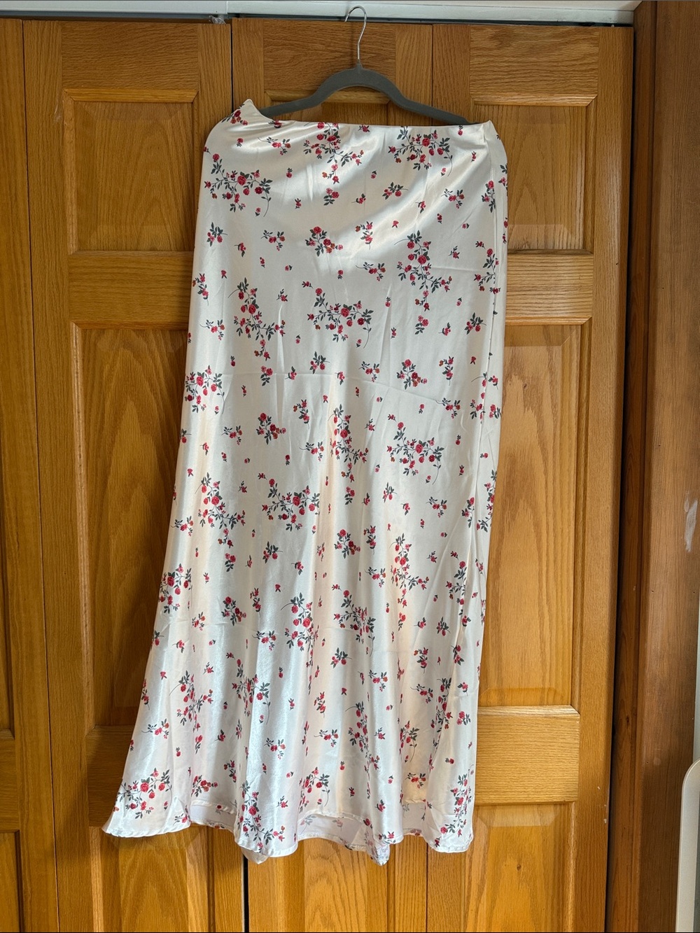 Fashion Nova Cream Maxi Skirt with Red Floral Print